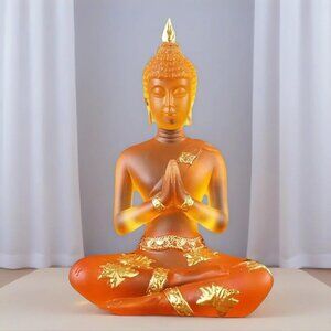 BUDDHA STATUE-ORANGE Clear Glaze Crystal-Resin-4.5"-Shakyamuni+Gold with Accents